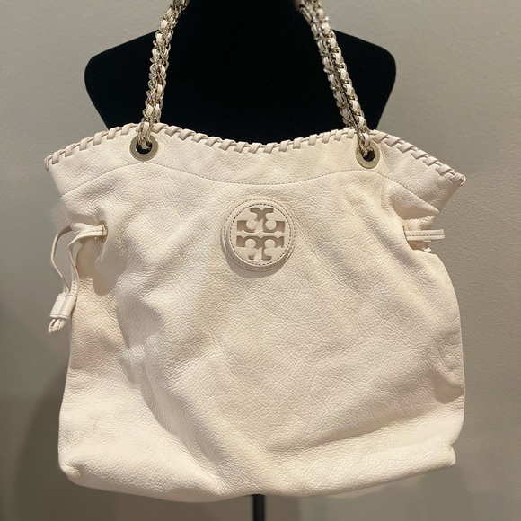 Tory Burch Marion Slouchy Leather Shoulder Bag Purse Chain Detail Cream White - Picture 1 of 5